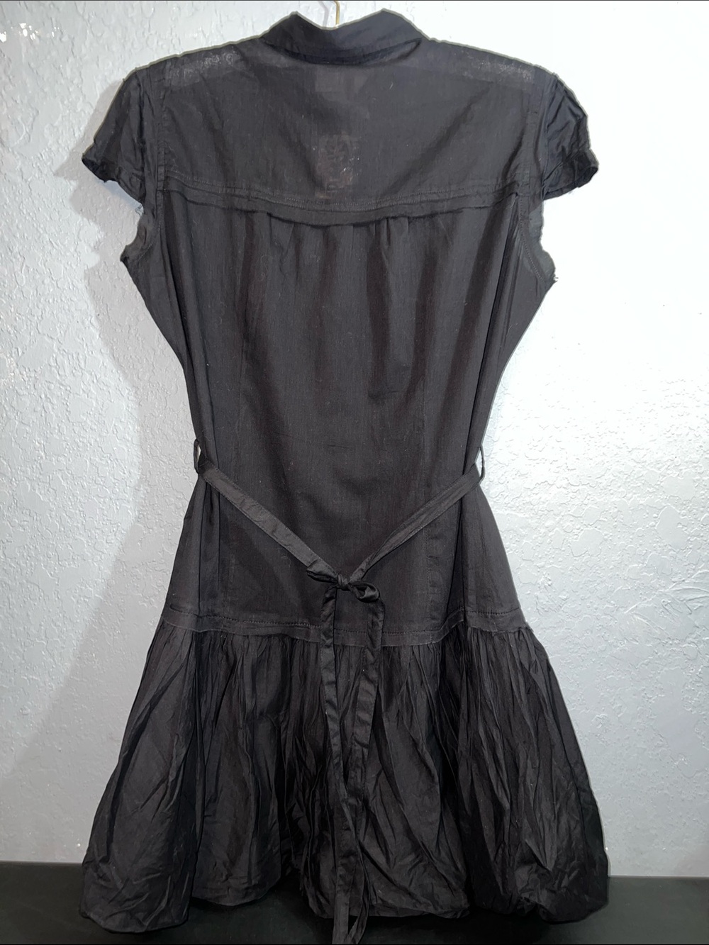 Black Button-Front Cap Sleeve Dress with Waist Tie - Picture 4 of 5